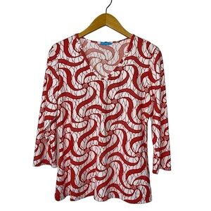 J Mclaughlin Catalina Cloth Blouse Womens LG Red 3/4 Sleeve Popover V Neck